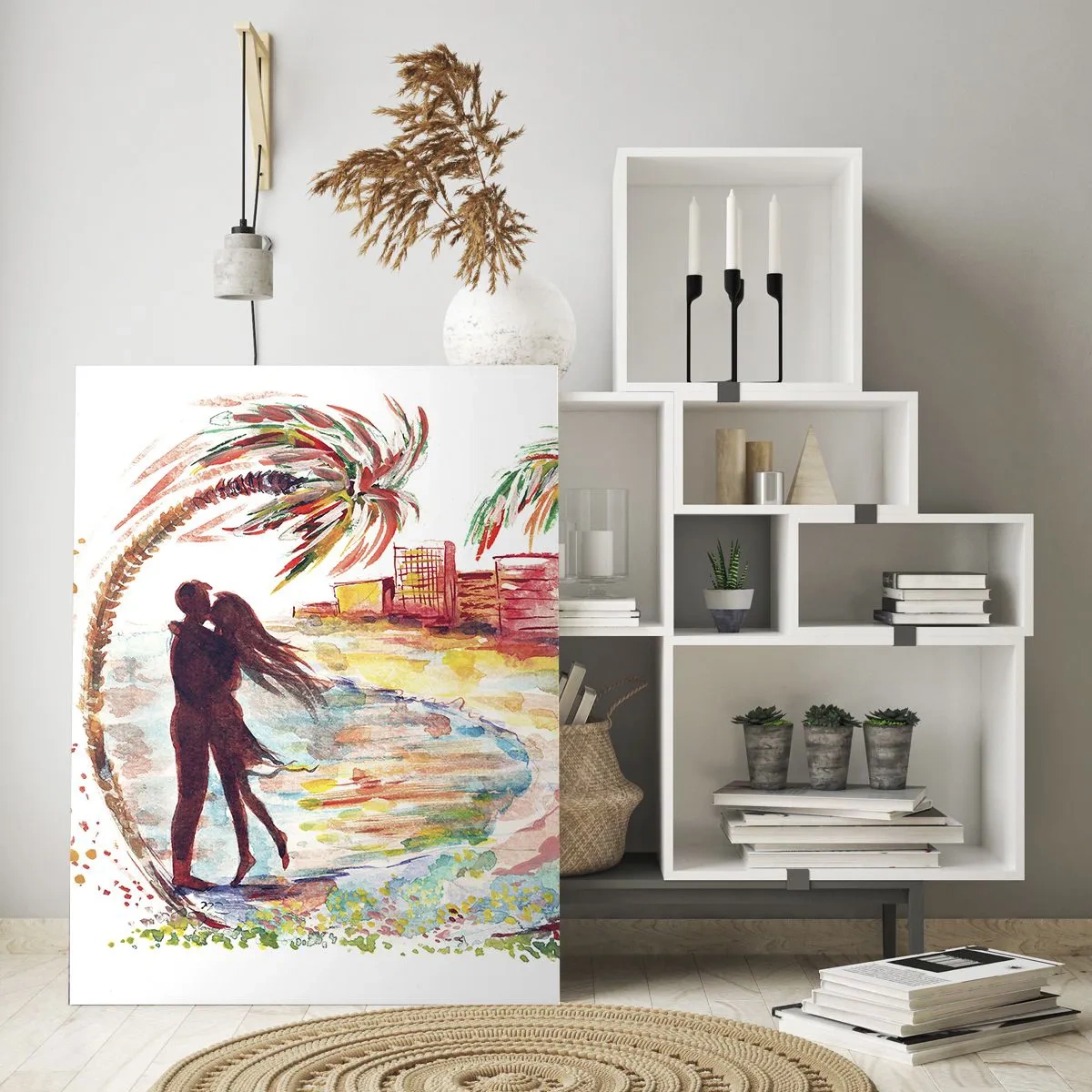 Glasbild - Bild auf glas - Romantisches Paar in tropischer Umgebung mit Palmen - 50x70cm - Romantischer Urlaub - Moderne Wanddekoration für Wohnzimmer und Schlafzimmer ARTTOR