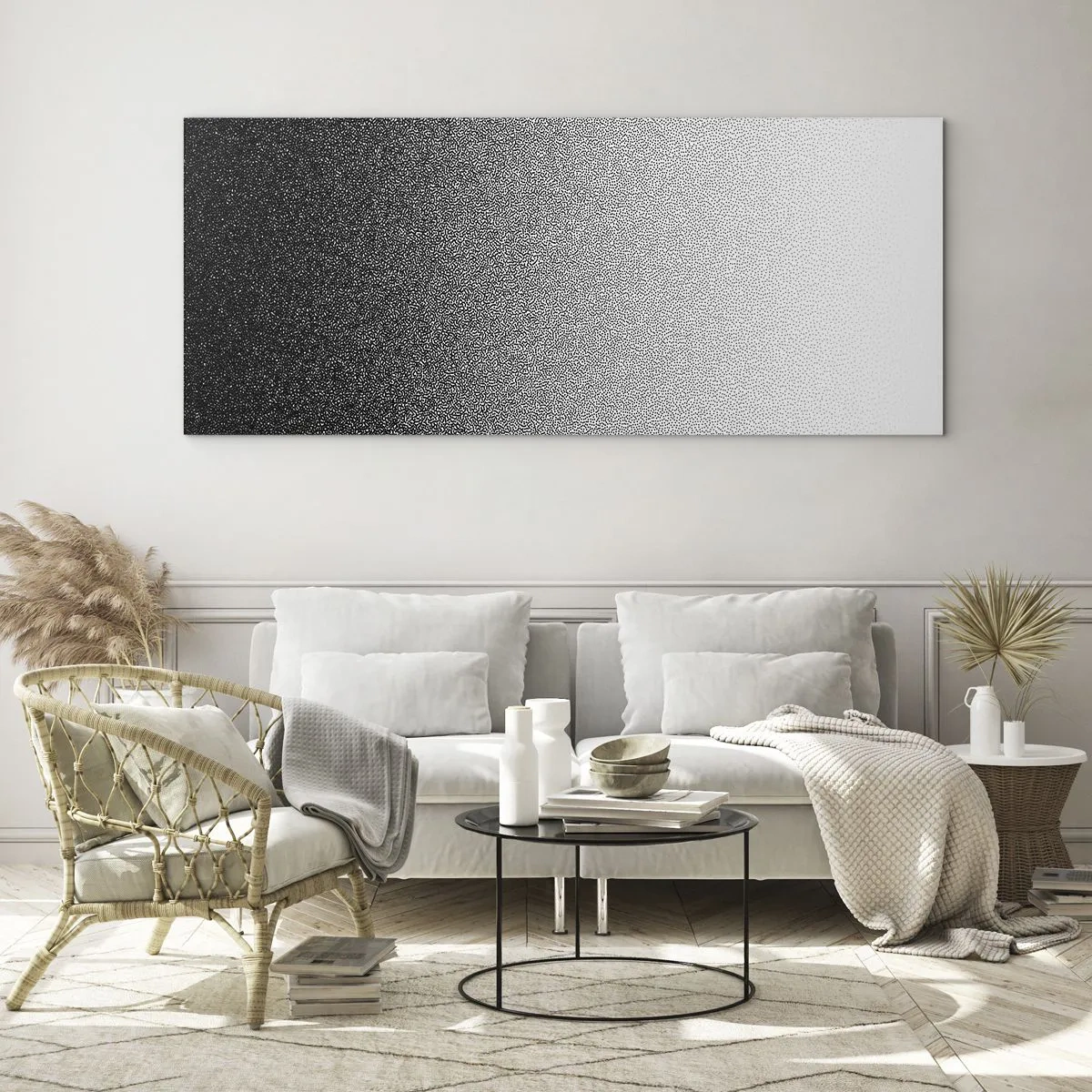 Glasbild - Bild auf glas - Minimalistischer Schwarz-Weiß-Farbverlauf im Punkt - 160x50cm - Dem Licht entgegen - Moderne Wanddekoration für Wohnzimmer und Schlafzimmer ARTTOR