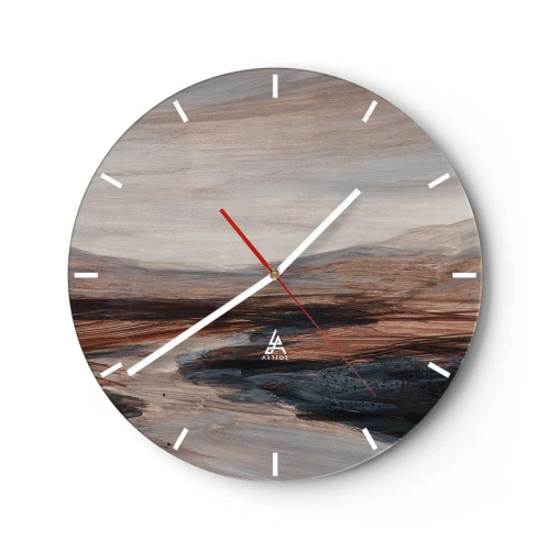 Wanduhr - Glasuhr - Ein braungraues Tal mit Bergen im Hintergrund in malerischem Stil - 30x30cm - Ruhiges Tal - Moderne Wanddekoration für Wohnzimmer, Küche und Schlafzimmer ARTTOR