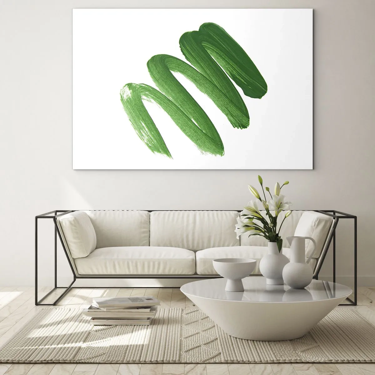 Glasbild - Bild auf glas - Dynamischer grüner Pinselstrich auf weißem Hintergrund - 70x50cm - Grüner Witz - Moderne Wanddekoration für Wohnzimmer und Schlafzimmer ARTTOR