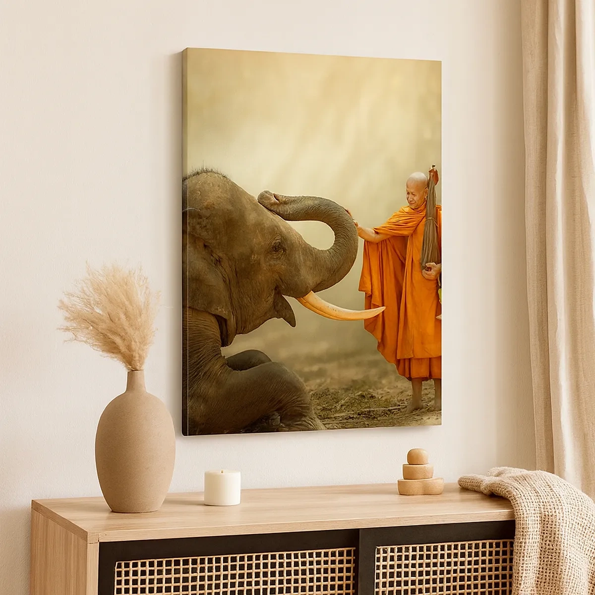 Bild auf Leinwand - Leinwandbild - Ein Mönch und ein Elefant in Harmonie vor der Kulisse der Natur - 50x70cm - Treffen unterwegs - Moderne Wanddekoration für Wohnzimmer und Schlafzimmer ARTTOR