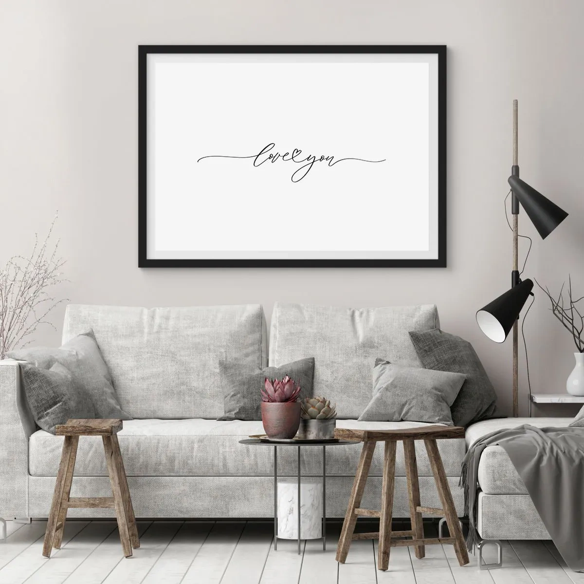 Poster in einem schwarzem Rahmen - Die Aufschrift „Ich liebe dich“ in eleganter Schriftart - 70x50cm - Schwarz auf weiß - Moderne Wanddekoration für Wohnzimmer und Schlafzimmer ARTTOR