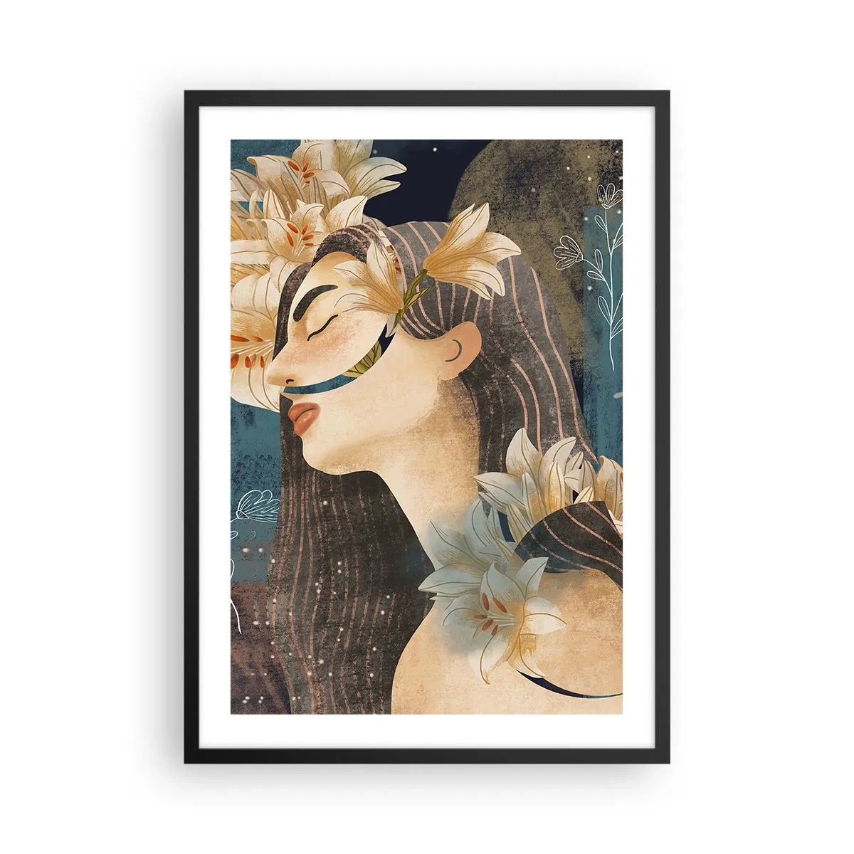 Poster in einem schwarzem Rahmen - Profil einer Frau, umgeben von Lilien vor einem marineblauen Hintergrund - 50x70cm - Ein Märchen über eine Prinzessin mit Lilien - Moderne Wanddekoration für Wohnzimmer und Schlafzimmer ARTTOR
