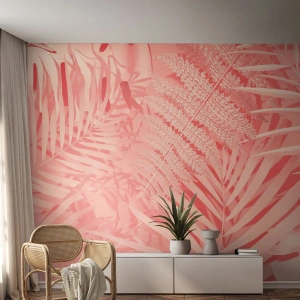 Fototapete Premium Sand - Rosa tropische Blätter in Pastelltönen - 100x70cm - Rosa Konzept - Moderne Wanddekoration für Wohnzimmer und Schlafzimmer ARTTOR