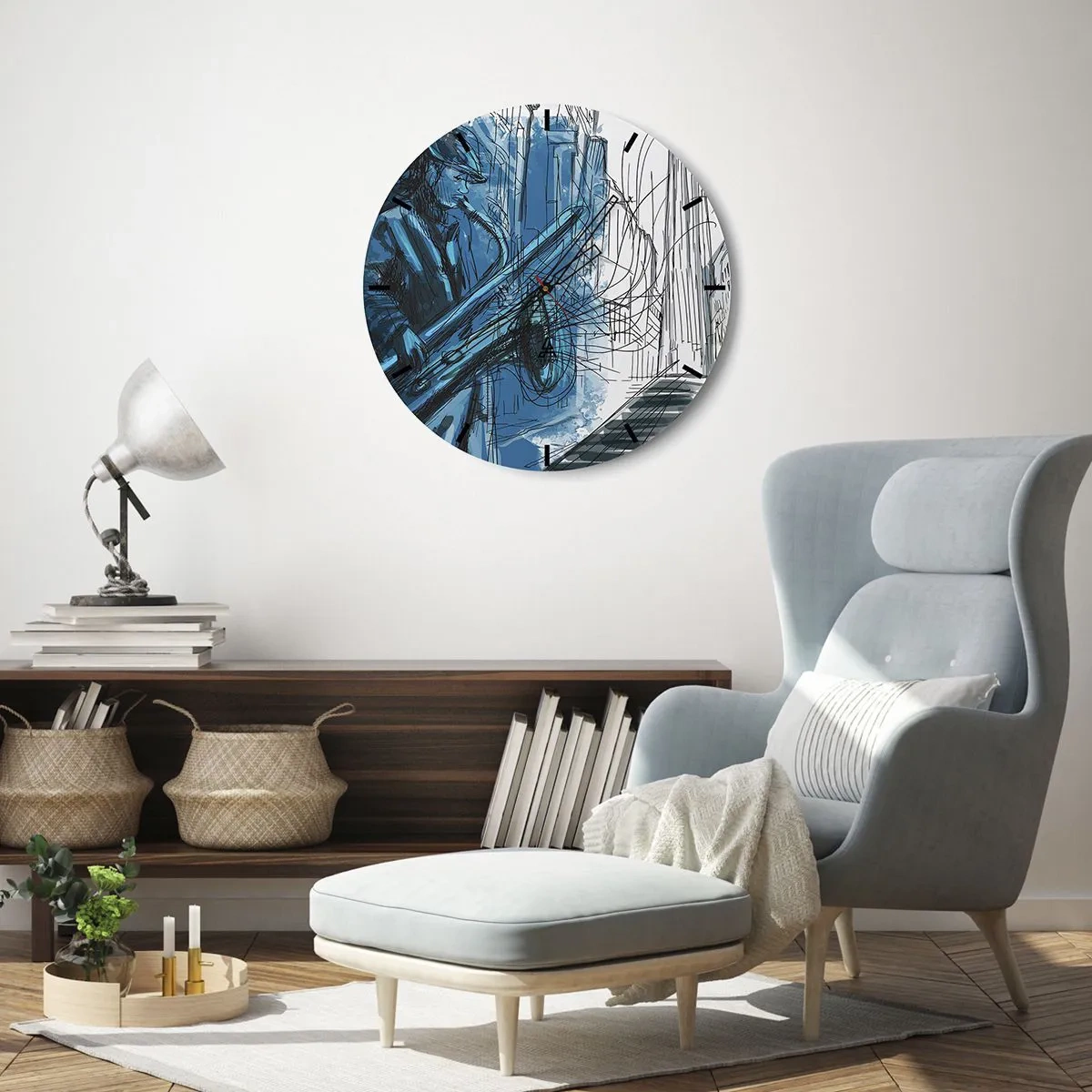 Wanduhr - Glasuhr - Ein Jazzmusiker in künstlerischer Interpretation - 30x30cm - Urbane Rhapsodie - Moderne Wanddekoration für Wohnzimmer, Küche und Schlafzimmer ARTTOR