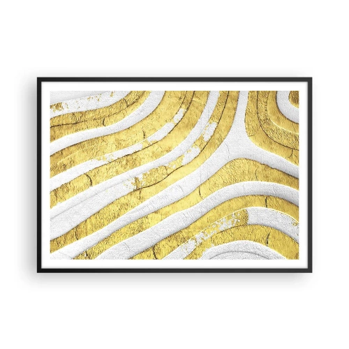 Poster in einem schwarzem Rahmen - Gold- und Weiß-abstrakte Linien in einer 3D-Textur - 100x70cm - Komposition in Weiß und Gold - Moderne Wanddekoration für Wohnzimmer und Schlafzimmer ARTTOR