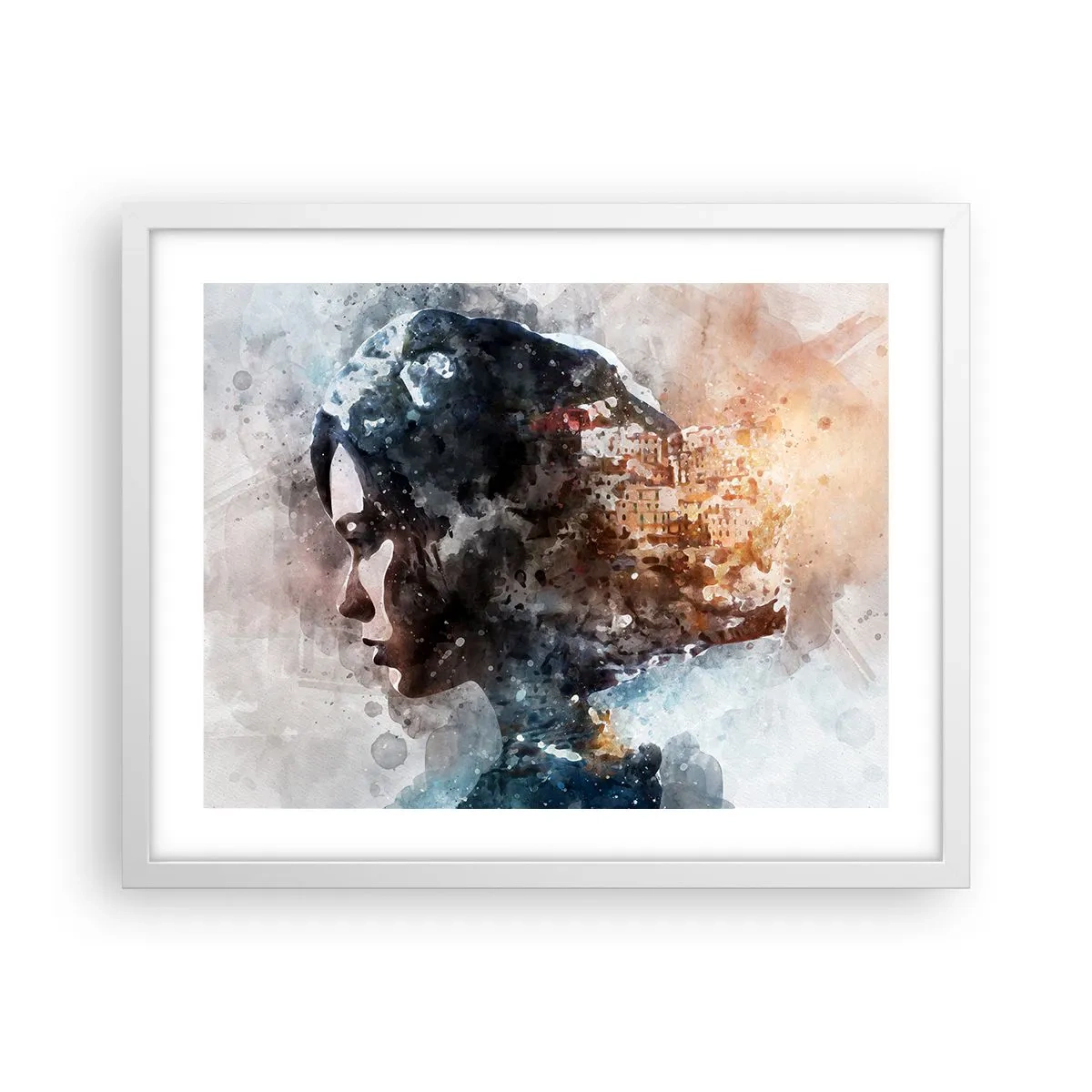 Poster in einem weißen Rahmen - Eine Geschichte über ein Mädchen mit einer Stadt im Hintergrund - 50x40 cm