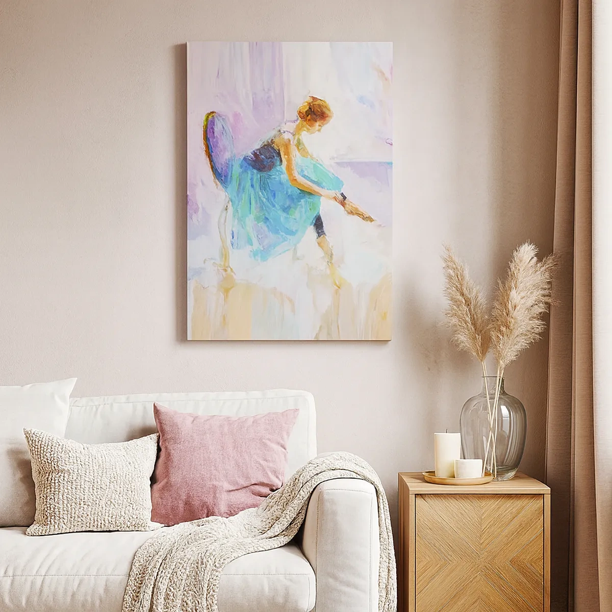 Bild auf Leinwand - Leinwandbild - Eine Ballerina in Pastelltönen bereitet sich auf den Tanz vor. - 50x70cm - Unbeschreibliche Anmut, subtiler Charme - Moderne Wanddekoration für Wohnzimmer und Schlafzimmer ARTTOR