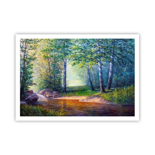 Poster - Ein Waldbach, umgeben von Birken und Sonnenschein - 100x70cm - Idyllische Landschaft - Moderne Wanddekoration für Wohnzimmer und Schlafzimmer ARTTOR
