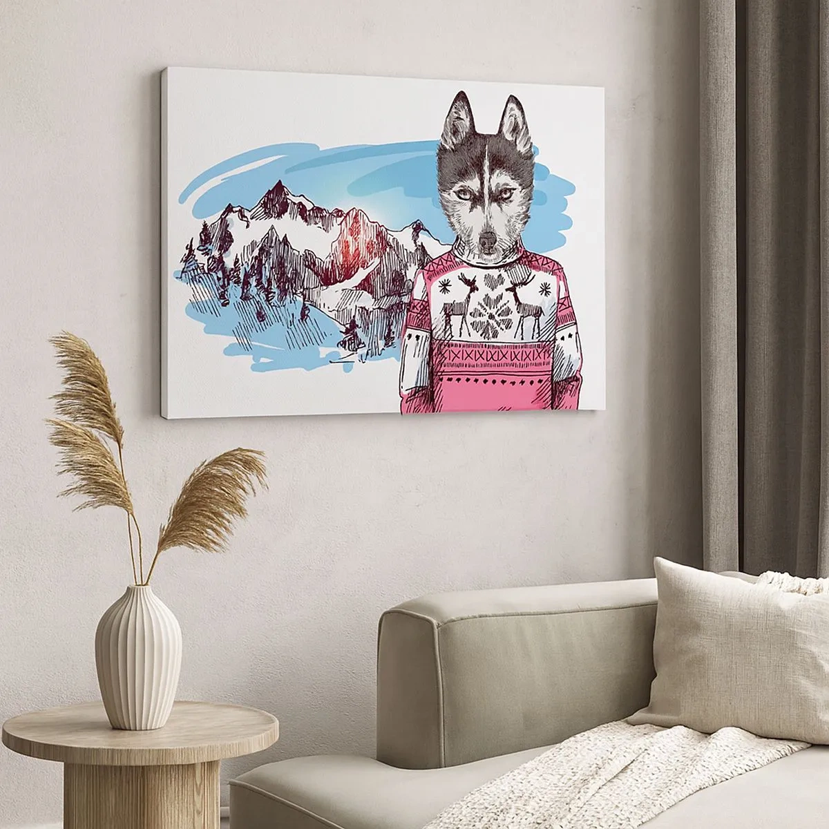 Bild auf Leinwand - Leinwandbild - Ein Wolf im Winterpullover vor einer Berglandschaft - 70x50cm - Ein Wolf in Schafwolle - Moderne Wanddekoration für Wohnzimmer und Schlafzimmer ARTTOR