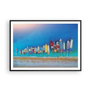 Poster in einem schwarzem Rahmen - Bunte Boote in einer Reihe am Ufer aufgereiht - 100x70cm - Aus der Vogelperspektive - Moderne Wanddekoration für Wohnzimmer und Schlafzimmer ARTTOR