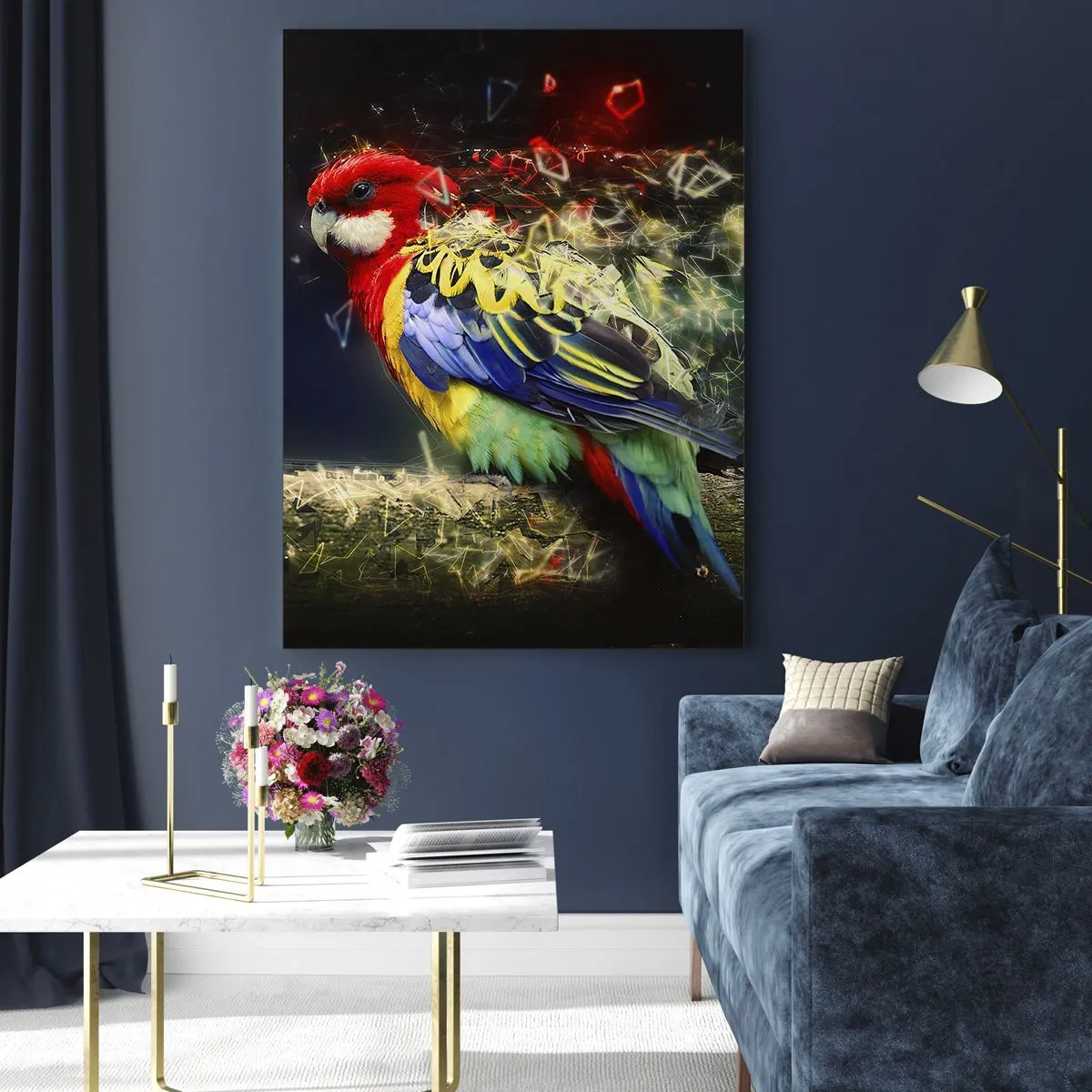 Glasbild - Bild auf glas - Ein Papagei in leuchtenden Farben vor einem Hintergrund aus Lichteffekten - 70x100cm - Botschafter des Strahlens - Moderne Wanddekoration für Wohnzimmer und Schlafzimmer ARTTOR