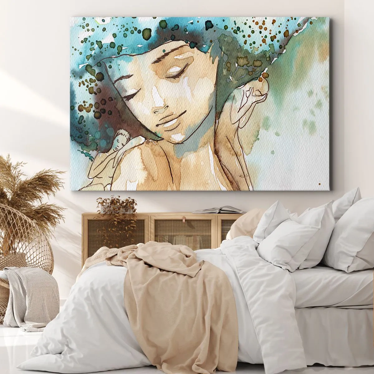 Bild auf Leinwand - Leinwandbild - Porträt einer Frau in zarten Aquarellfarben - 100x70cm - Dame in Blau - Moderne Wanddekoration für Wohnzimmer und Schlafzimmer ARTTOR