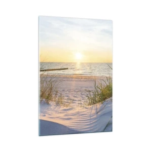 Glasbild - Bild auf glas - Ein Sandstrand mit Blick auf den Sonnenuntergang über dem Meer - 80x120cm - Das Rauschen des Meeres, der Gesang der Vögel, ein wilder Strand im Gras ... - Moderne Wanddekoration für Wohnzimmer und Schlafzimmer ARTTOR