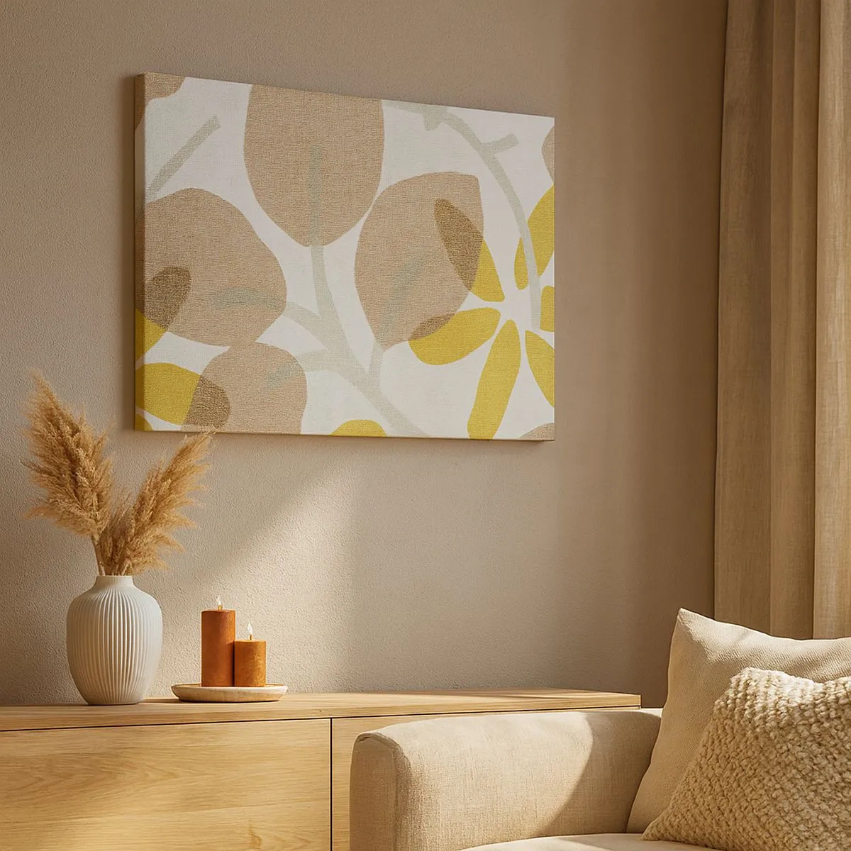 Bild auf Leinwand - Leinwandbild - Abstrakte Blätter in Beige- und Gelbtönen - 70x50cm - Komposition in voller Sonne - Moderne Wanddekoration für Wohnzimmer und Schlafzimmer ARTTOR