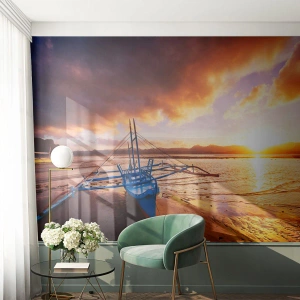 Fototapete Premium Sand - Traditionelles Boot am Strand bei Sonnenuntergang - 100x70cm - Nach einem Tag sich im Sand ausstrecken - Moderne Wanddekoration für Wohnzimmer und Schlafzimmer ARTTOR