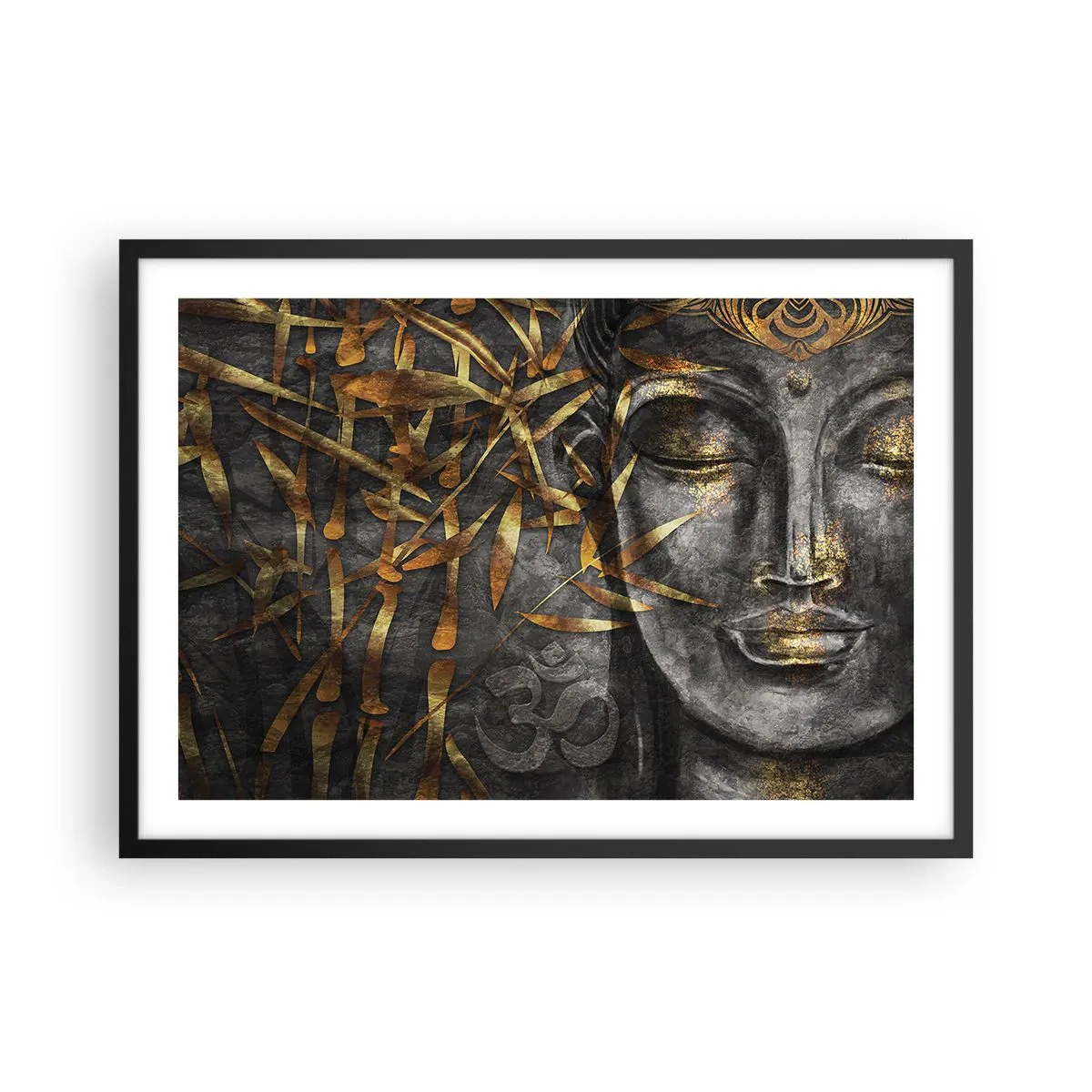 Poster in einem schwarzem Rahmen - Zen-Buddha-Bild mit goldenem Bambus - 70x50cm - Fühle den Frieden - Moderne Wanddekoration für Wohnzimmer und Schlafzimmer ARTTOR