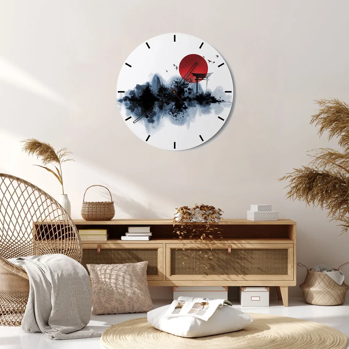 Wanduhr - Glasuhr - Eine rote Sonnenkugel und ein Torii-Tor im japanischen Stil über dem Wasser - 30x30cm - Japanische Sicht - Moderne Wanddekoration für Wohnzimmer, Küche und Schlafzimmer ARTTOR