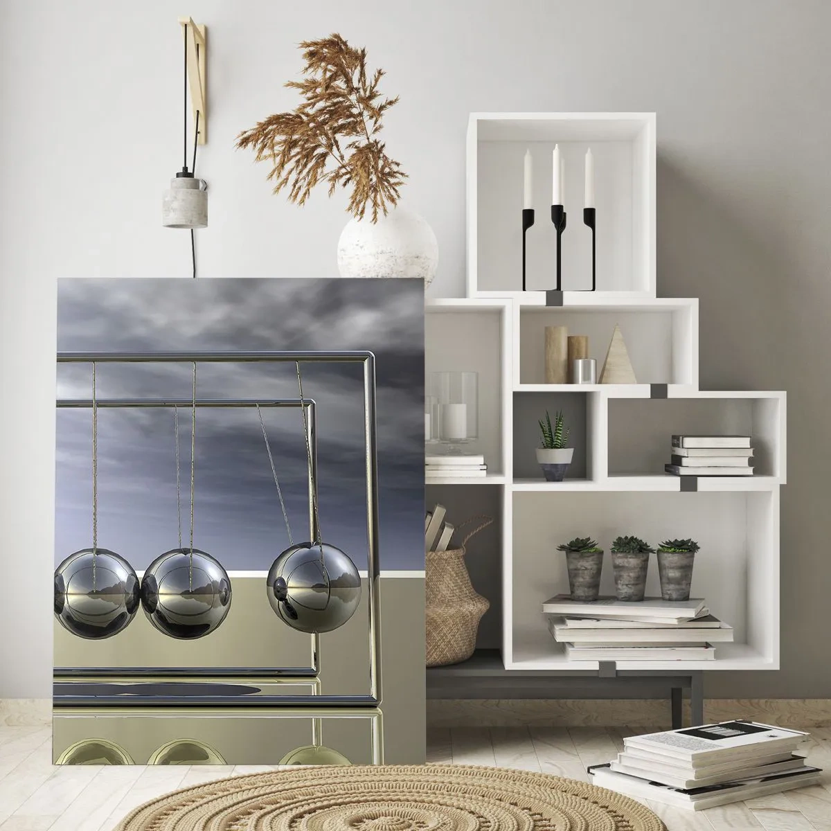 Glasbild - Bild auf glas - Newtons Kugeln in minimalistischem Ambiente mit Lichtreflexen - 70x100cm - Die Energie der Welt - Moderne Wanddekoration für Wohnzimmer und Schlafzimmer ARTTOR