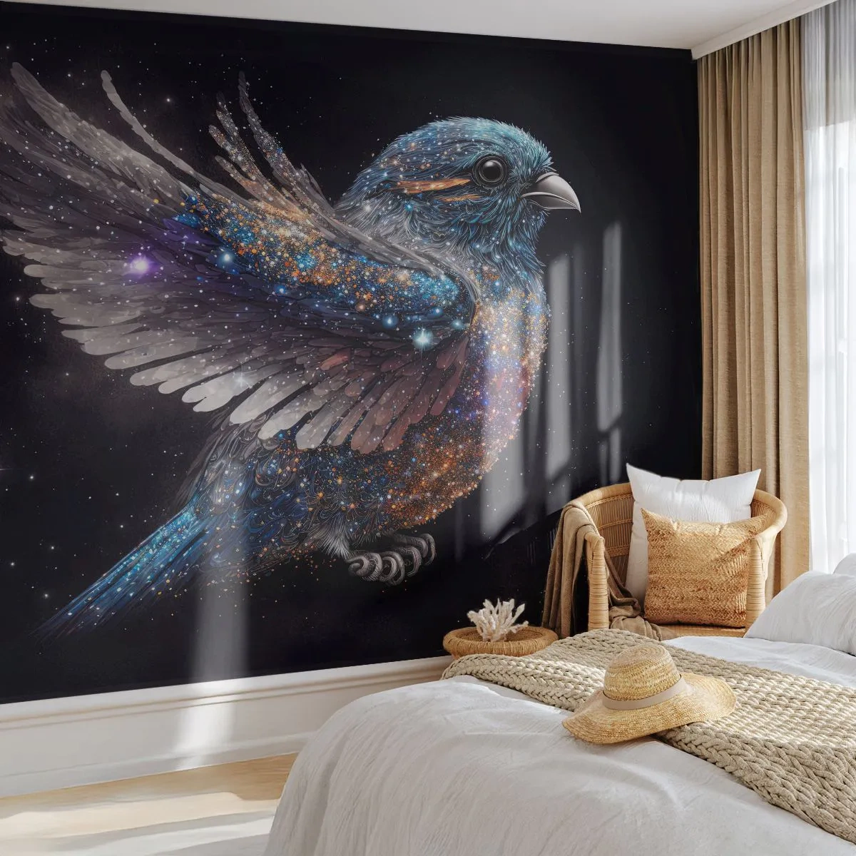 Fototapete Premium Sand - Space Sparrow mit Diamantglanz auf Schwarz - 100x70cm - Diamantsperling - Moderne Wanddekoration für Wohnzimmer und Schlafzimmer ARTTOR