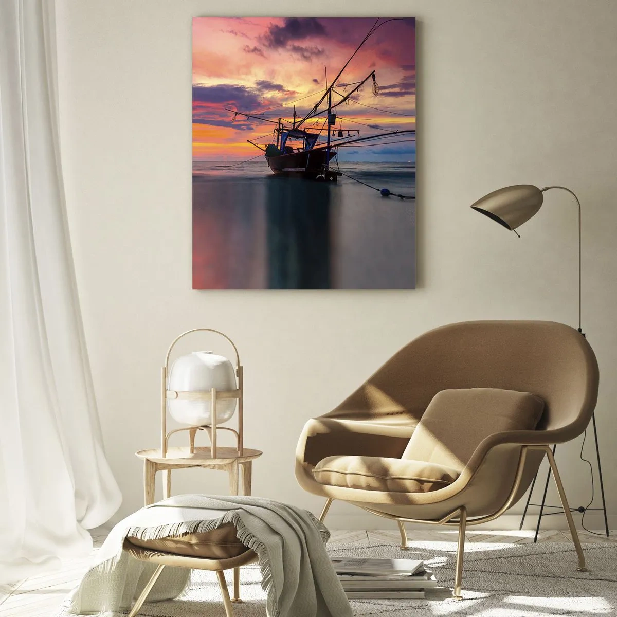 Glasbild - Bild auf glas - Ein Fischerboot vor der Kulisse eines farbenfrohen Sonnenuntergangs - 80x120cm - Exotischer Abend - Moderne Wanddekoration für Wohnzimmer und Schlafzimmer ARTTOR