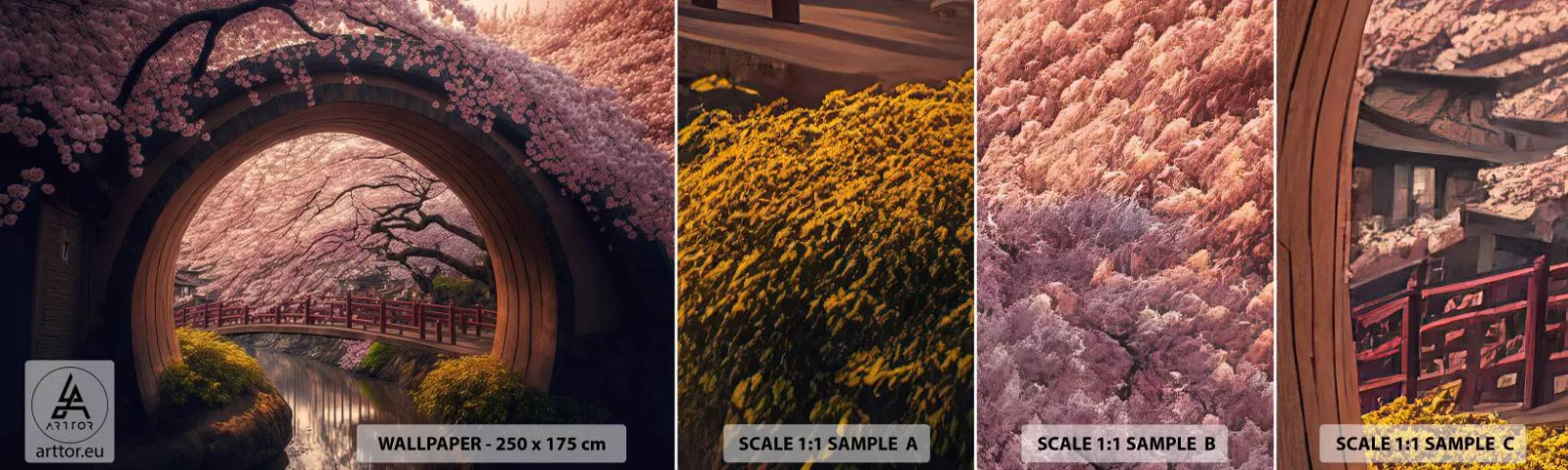 Fototapeten Muster Selbstklebend Deluxe Sticker - Japanischer Frühling - Brücke, Japan, Japanische Kirsche - 100x30 cm