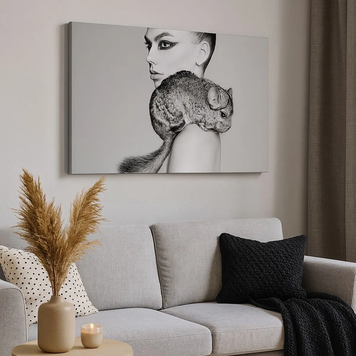 Bild auf Leinwand - Leinwandbild - Stilisierte Frau mit einem Chinchilla in einer eleganten Schwarz-Weiß-Komposition - 70x50cm - Dame mit einem Chinchilla - Moderne Wanddekoration für Wohnzimmer und Schlafzimmer ARTTOR