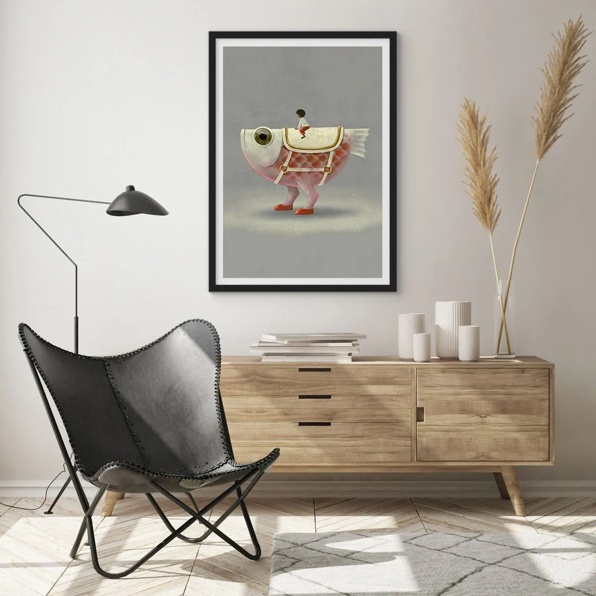 Poster in einem schwarzem Rahmen - Ein Fantasiefisch mit Sattel und Figur auf grauem Hintergrund - 50x70cm - Reiter auf einem surrealen Fisch - Moderne Wanddekoration für Wohnzimmer und Schlafzimmer ARTTOR