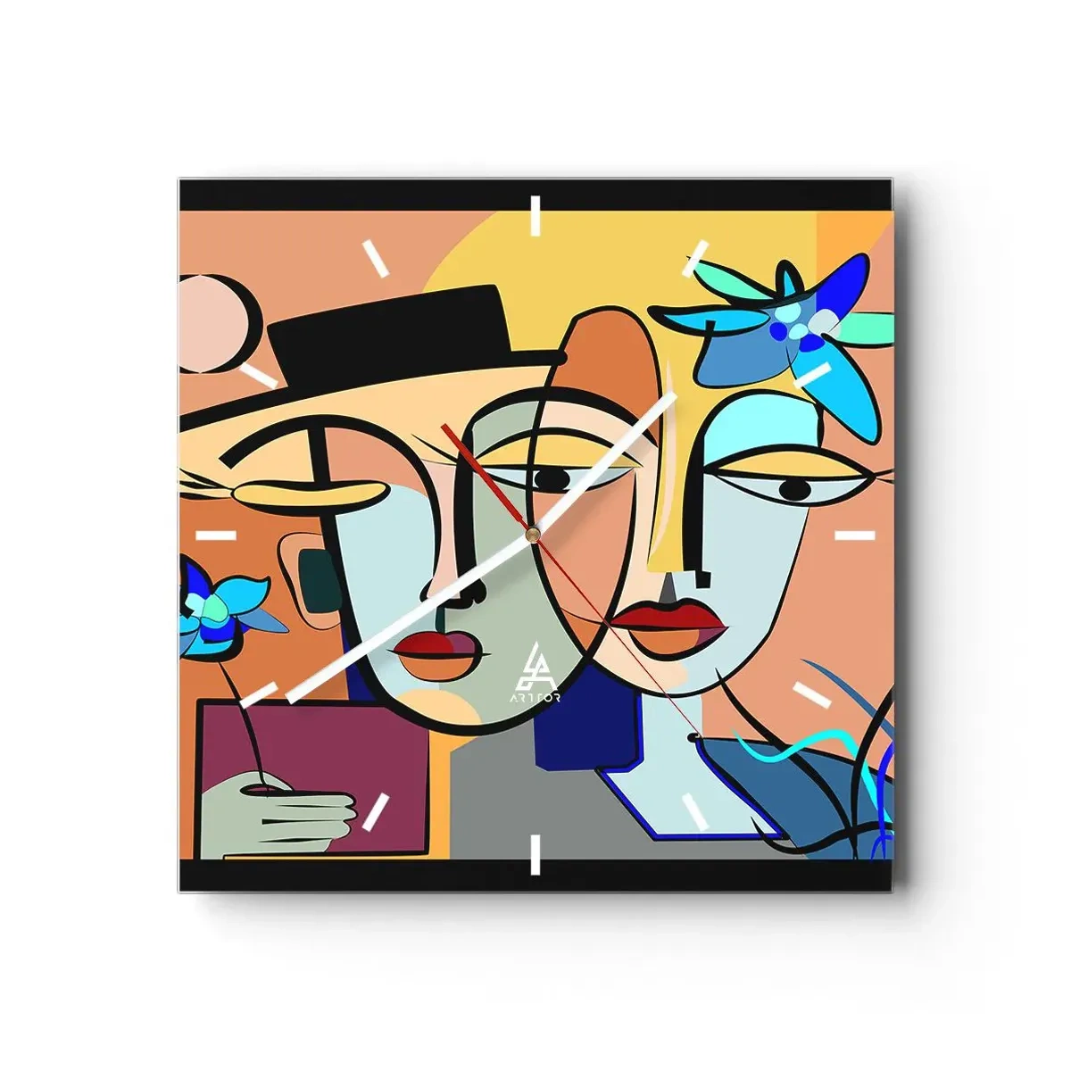 Wanduhr - Glasuhr - Kubistische Porträts in leuchtenden Farben mit floralem Motiv - 30x30cm - Picassos randez vous - Moderne Wanddekoration für Wohnzimmer und Schlafzimmer ARTTOR
