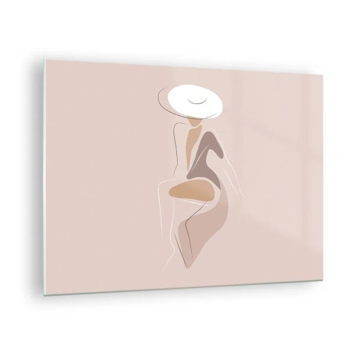 Glasbild - Bild auf glas - Silhouette einer Frau mit Hut auf beigem Hintergrund - 70x50cm - Eine Dame sein - Moderne Wanddekoration für Wohnzimmer und Schlafzimmer ARTTOR