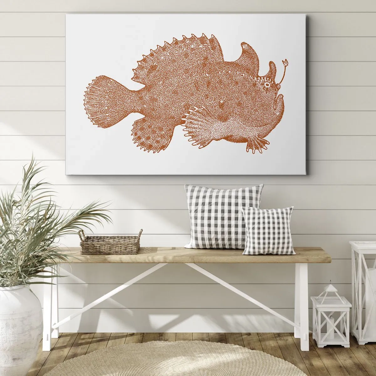 Bild auf Leinwand - Leinwandbild - Detaillierte Zeichnung eines kupferfarbenen Fisches auf weißem Hintergrund - 120x80cm - Es ist also doch ein Fisch - Moderne Wanddekoration für Wohnzimmer und Schlafzimmer ARTTOR