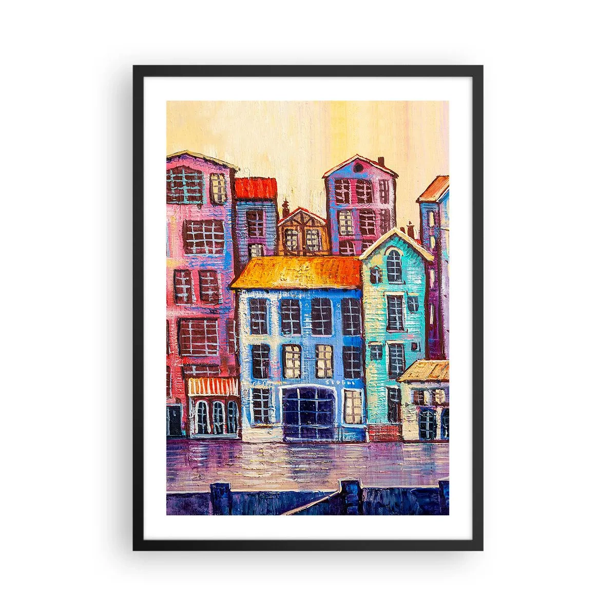Poster in einem schwarzem Rahmen - Bunte Mietshäuser am Wasser im malerischen Stil - 50x70cm - Stadt wie aus einem Märchen - Moderne Wanddekoration für Wohnzimmer und Schlafzimmer ARTTOR