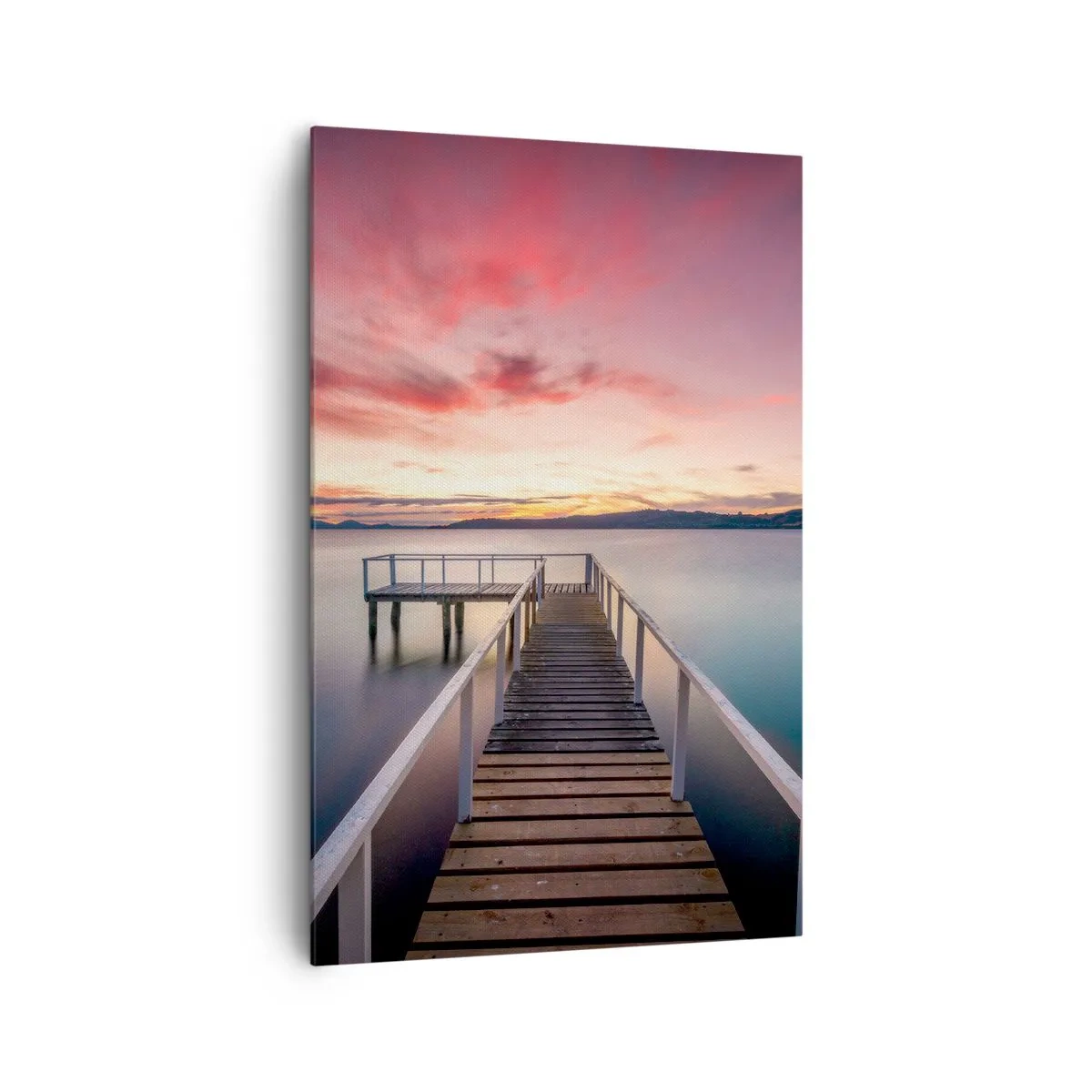 Bild auf Leinwand - Leinwandbild - Ein Steg, der bei Sonnenuntergang zu einem ruhigen See führt - 80x120cm - Die sanfte Flamme des Abends - Moderne Wanddekoration für Wohnzimmer und Schlafzimmer ARTTOR