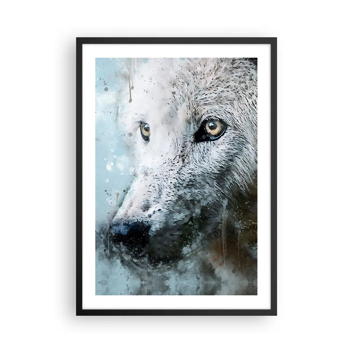 Poster in einem schwarzem Rahmen - Wolfsporträt mit künstlerischen Aquarelldetails - 50x70cm - Lerne die Wolfsseele kennen - Moderne Wanddekoration für Wohnzimmer und Schlafzimmer ARTTOR