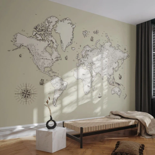 Fototapete Premium Sand - Reise um die Welt - Weltkarte, Kontinente, Piratenschiff - 300x210 cm
