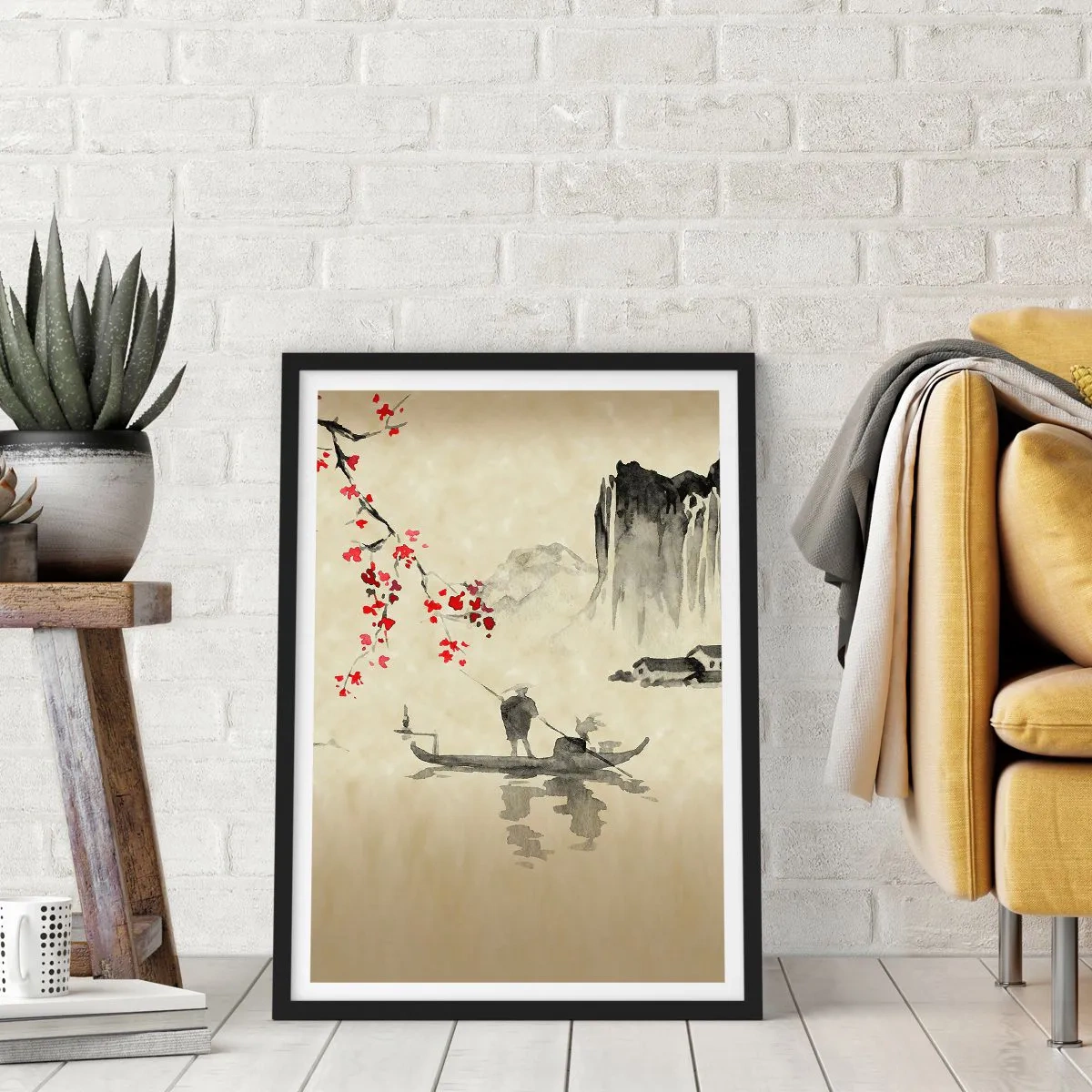 Poster in einem schwarzem Rahmen - Orientalische Szene mit Fischern auf einem Boot - 50x70cm - Im Land der blühenden Kirschbäume - Moderne Wanddekoration für Wohnzimmer und Schlafzimmer ARTTOR