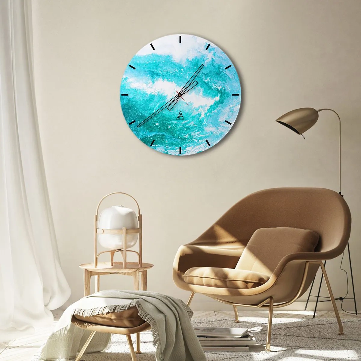 Wanduhr - Glasuhr - Abstrakte Welle in Blau- und Türkistönen - 30x30cm - Im Kern des Elements - Moderne Wanddekoration für Wohnzimmer, Küche und Schlafzimmer ARTTOR