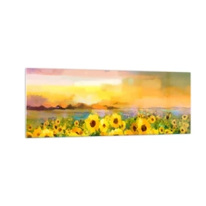 Glasbild - Bild auf glas - Ein Sonnenblumenfeld im Licht der untergehenden Sonne - 140x50cm - Die Sonne selbst ist auf die Erde herabgestiegen - Moderne Wanddekoration für Wohnzimmer und Schlafzimmer ARTTOR