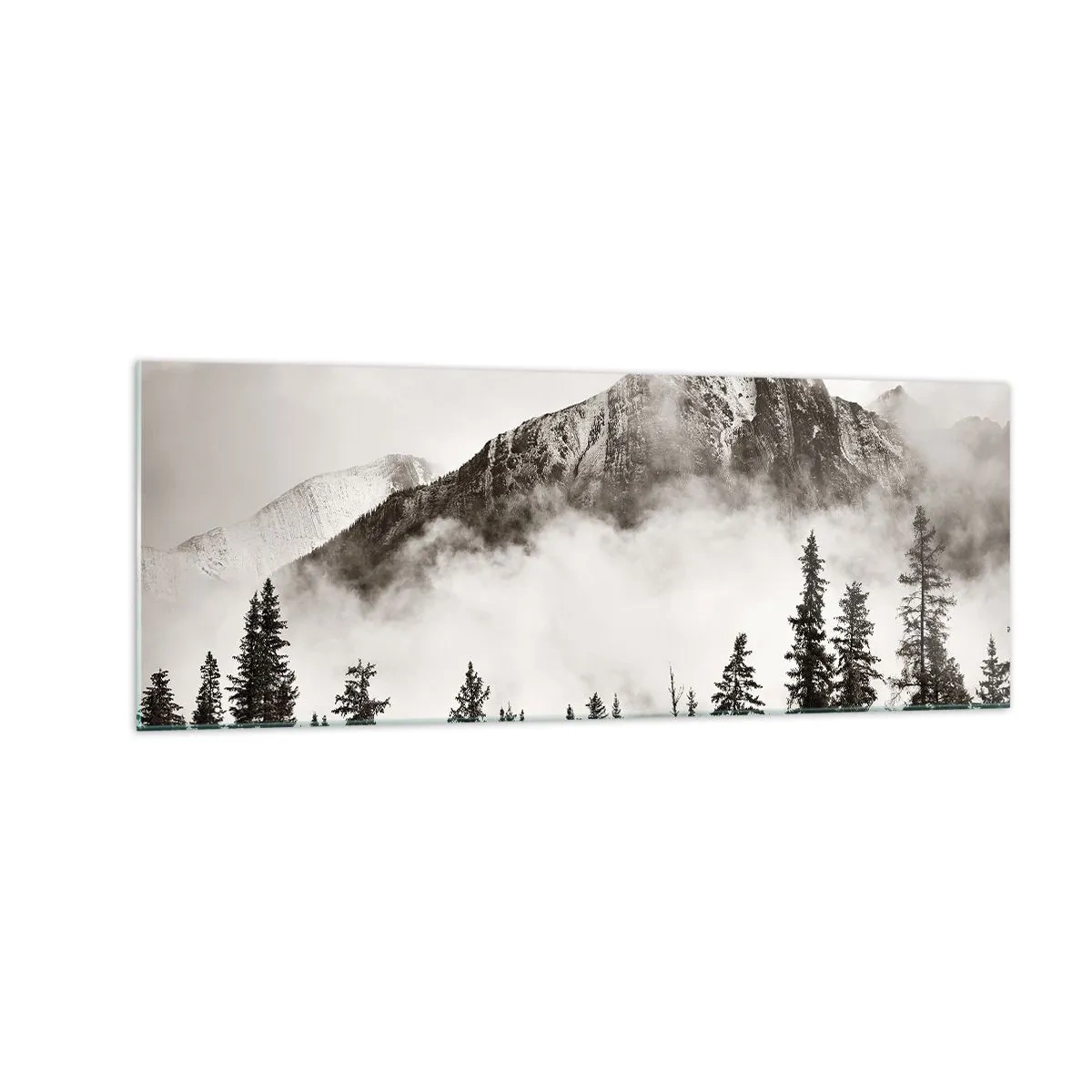 Glasbild - Bild auf glas - Ein malerischer Berggipfel, umgeben von Nebel und einem sepiafarbenen Wald - 140x50cm - Lineal aus Granit - Moderne Wanddekoration für Wohnzimmer und Schlafzimmer ARTTOR