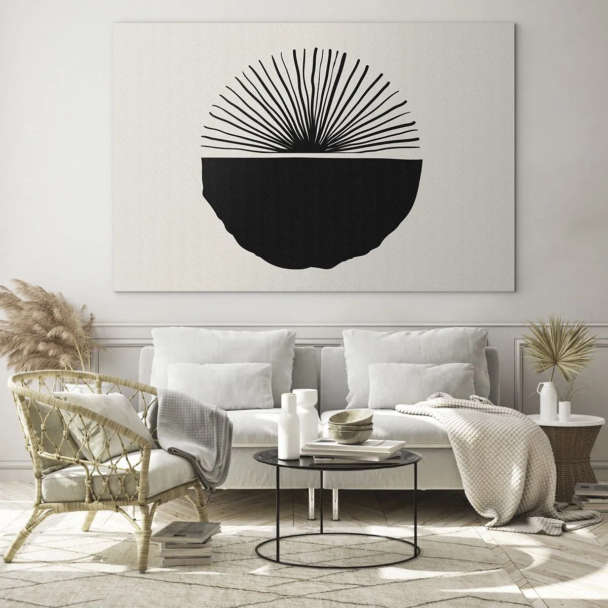 Glasbild - Bild auf glas - Eine schwarze geometrische Form mit einem Fächer aus Linien auf cremefarbenem Hintergrund. - 70x50cm - Eine Reihe von Möglichkeiten - Moderne Wanddekoration für Wohnzimmer und Schlafzimmer ARTTOR