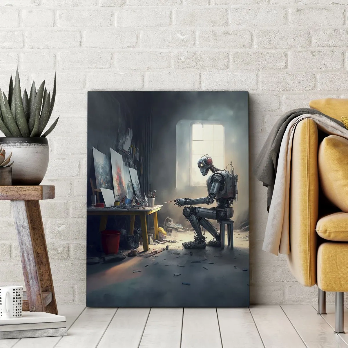 Bild auf Leinwand - Leinwandbild - Ein Roboter malt ein Bild in einem Kunstatelier - 50x70cm - Schöpfungsakt - Moderne Wanddekoration für Wohnzimmer und Schlafzimmer ARTTOR