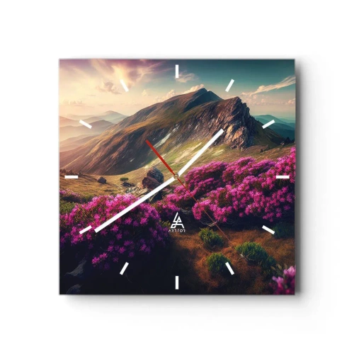 Wanduhr - Glasuhr - Berglandschaft mit blühenden Rhododendren - 30x30cm - Sommer in den Bergen - Moderne Wanddekoration für Wohnzimmer und Schlafzimmer ARTTOR