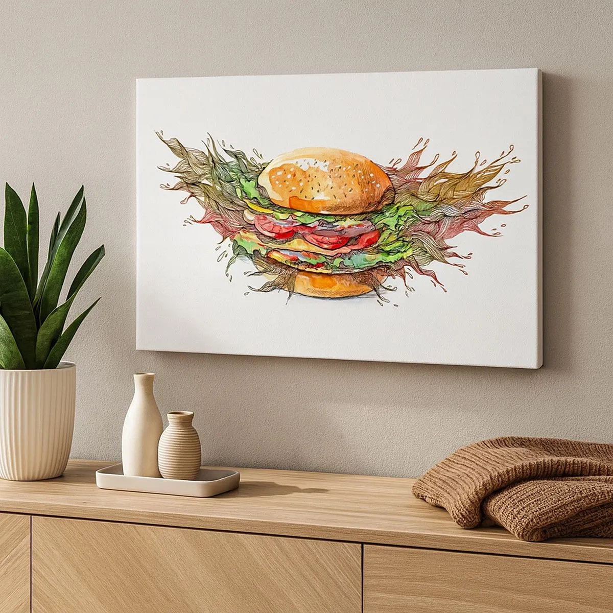 Bild auf Leinwand - Leinwandbild - Künstlerische Darstellung eines Burgers mit dynamischen Elementen - 70x50cm - Heiße Versuchung - Moderne Wanddekoration für Wohnzimmer und Schlafzimmer ARTTOR