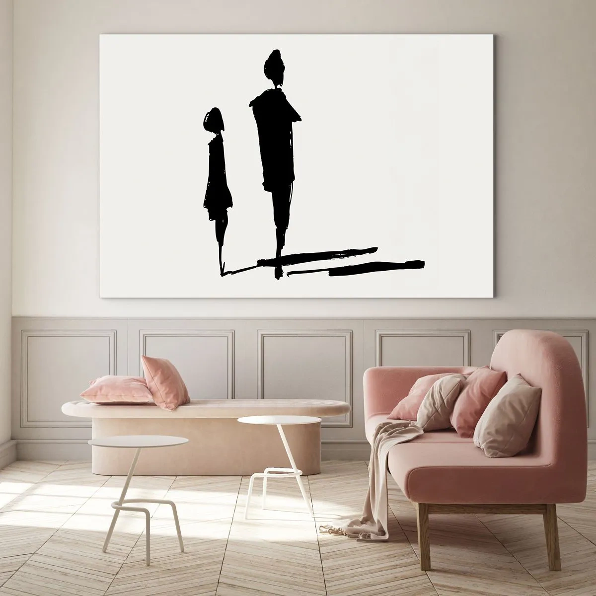 Glasbild - Bild auf glas - Schwarze Silhouetten zweier Figuren mit Schatten auf hellem Hintergrund - 70x50cm - Mit Sicherheit zusammen? - Moderne Wanddekoration für Wohnzimmer und Schlafzimmer ARTTOR