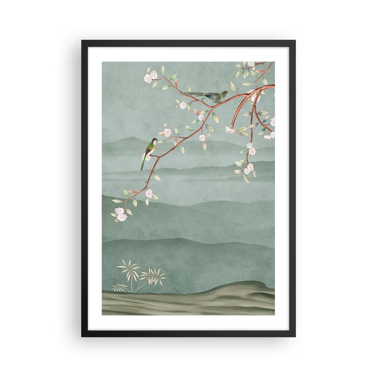 Poster in einem schwarzem Rahmen - Vögel auf einem blühenden Zweig mit Blick auf die Hügel - 50x70cm - Frühling, oh, du bist es - Moderne Wanddekoration für Wohnzimmer und Schlafzimmer ARTTOR