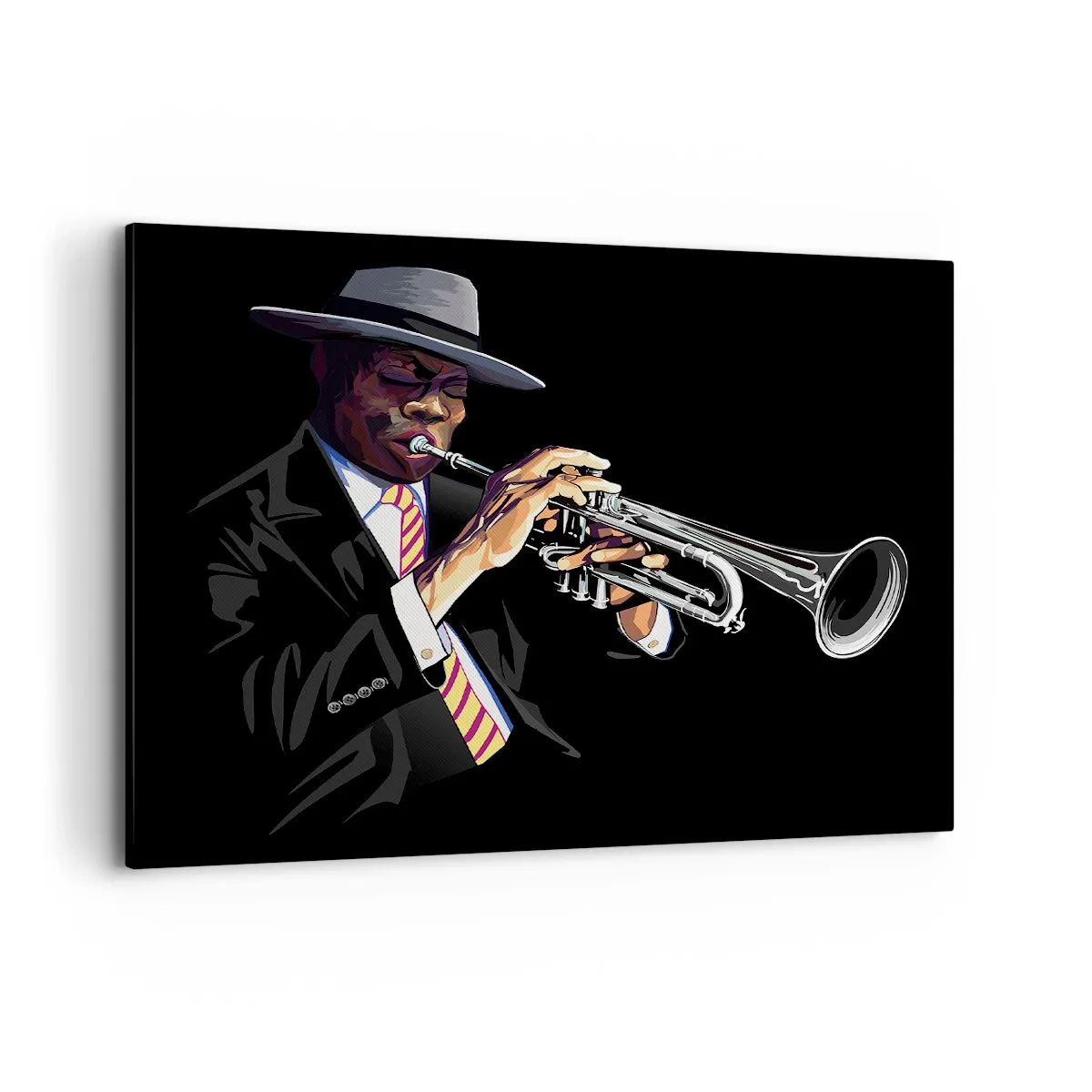 Bild auf Leinwand - Leinwandbild - Ein Musiker spielt Trompete vor schwarzem Hintergrund - 100x70cm - Charme der alten Schule - Moderne Wanddekoration für Wohnzimmer und Schlafzimmer ARTTOR