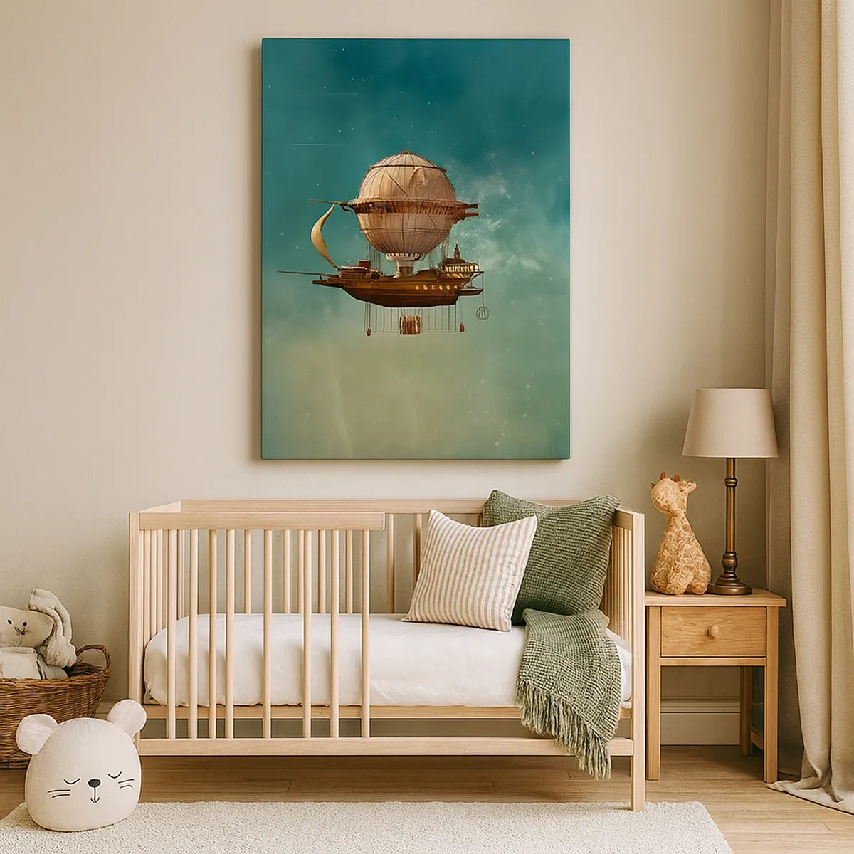 Bild auf Leinwand - Leinwandbild - Ein fantastisches Luftschiff vor dem grünlichen Himmel - 50x70cm - Jules Verne sagt Hallo - Moderne Wanddekoration für Wohnzimmer und Schlafzimmer ARTTOR