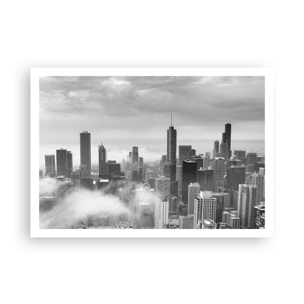 Poster - Stadtpanorama mit Wolkenkratzern in den Wolken in Schwarzweiß - 100x70cm - Amerikanische Landschaft - Moderne Wanddekoration für Wohnzimmer und Schlafzimmer ARTTOR