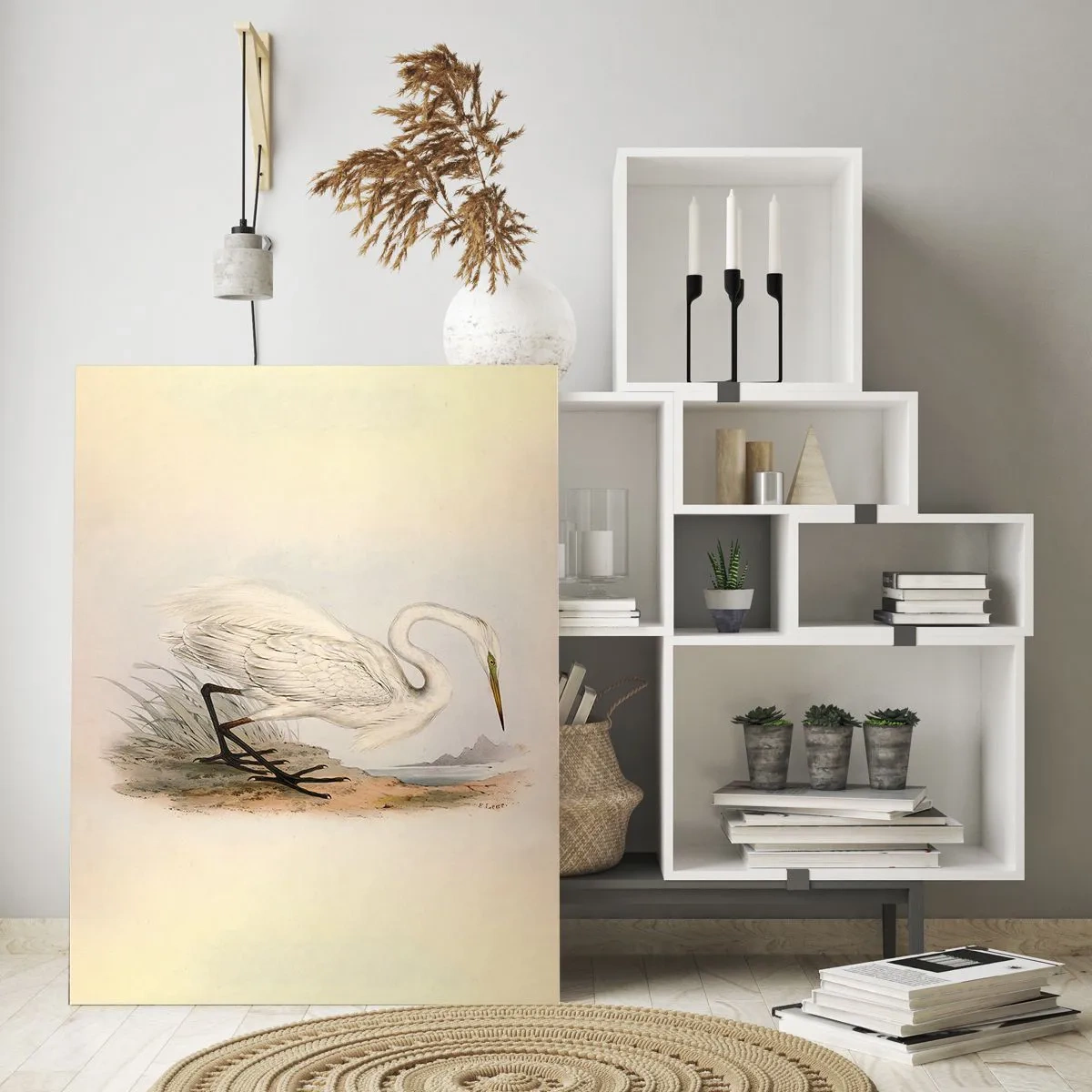 Glasbild - Bild auf glas - Vintage Illustration eines weißen Reihers am Wasserrand - 50x70cm - Dame auf den Binsen - Moderne Wanddekoration für Wohnzimmer und Schlafzimmer ARTTOR