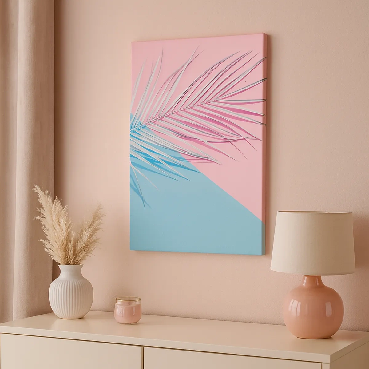 Bild auf Leinwand - Leinwandbild - Tropisches Blatt vor einem Hintergrund in Pastelltönen von Rosa und Blau - 50x70cm - Tropischer Eindruck - Moderne Wanddekoration für Wohnzimmer und Schlafzimmer ARTTOR